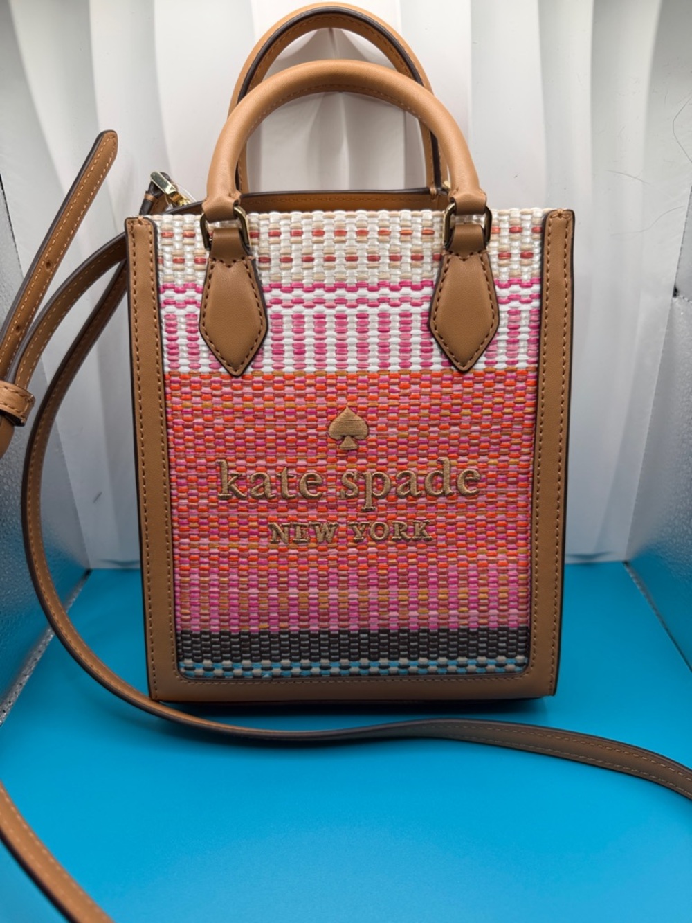 kate spade Tan Trim Woven Pink & Orange Mini Crossbody